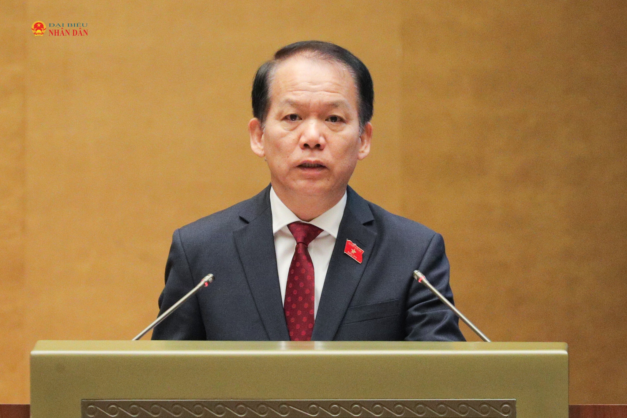 Bộ trưởng Bộ Tư pháp Hoàng Thanh Tùng trình bày Tờ trình dự án Luật Kinh doanh bất động sản (sửa đổi). Ảnh: Hồ Long